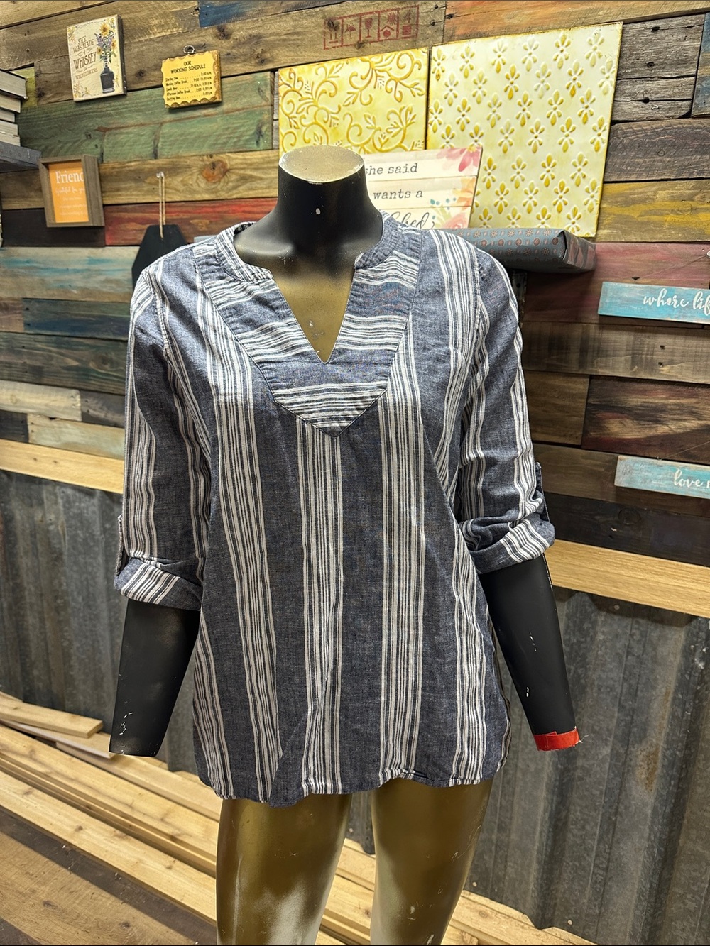 Old Navy Navy and White Vertical-Stripe V-Neck Tunic